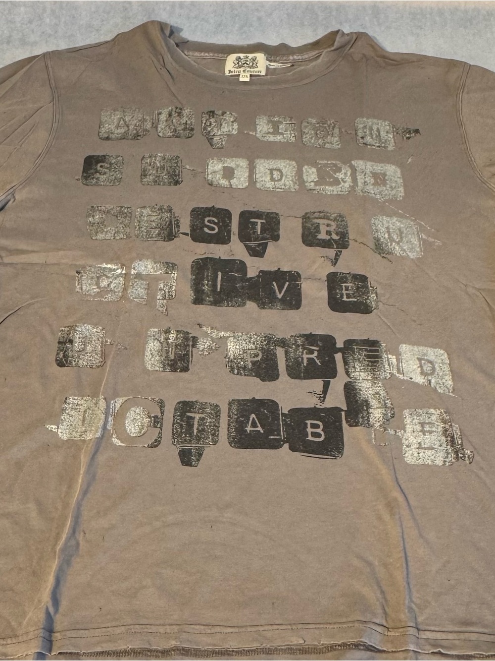 Juicy Couture Typewriter Graphic Tee XXL Brown Distressed Print Shirt - Picture 2 of 3